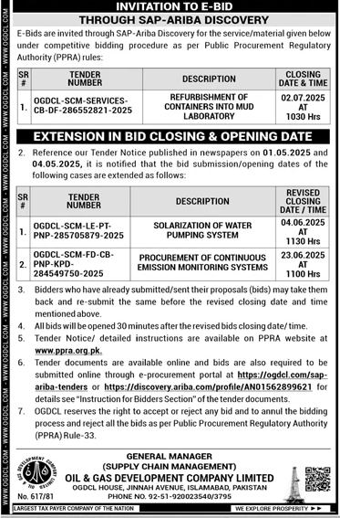 Oil & Gas Development Company Limited (OGDCL) Tender In Pakistan